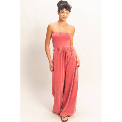 Mineral Wash Strapless Wide-Leg Jumpsuit