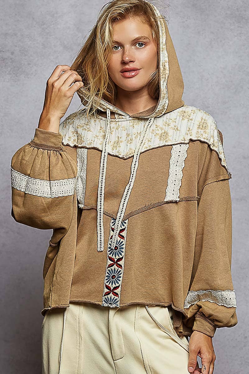 POL French floral terry gauze print patch trim hoodie