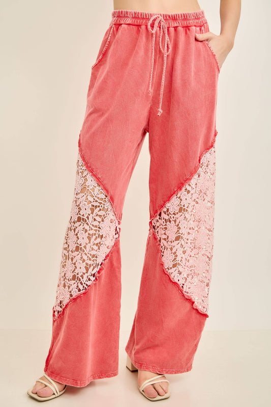 J. Her Mineral Washed Red Floral Lace Pants HP7046