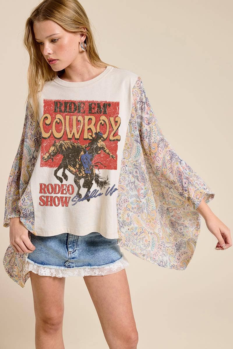 Ride Em' Cowboys Western Graphic Boho Contrast Poncho Top