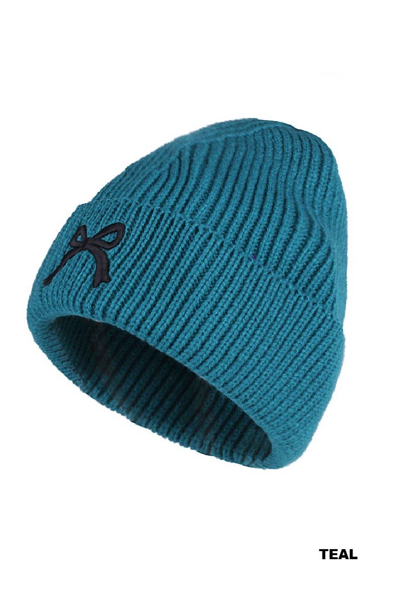 Black Bow Embroidered Cuff Beanie