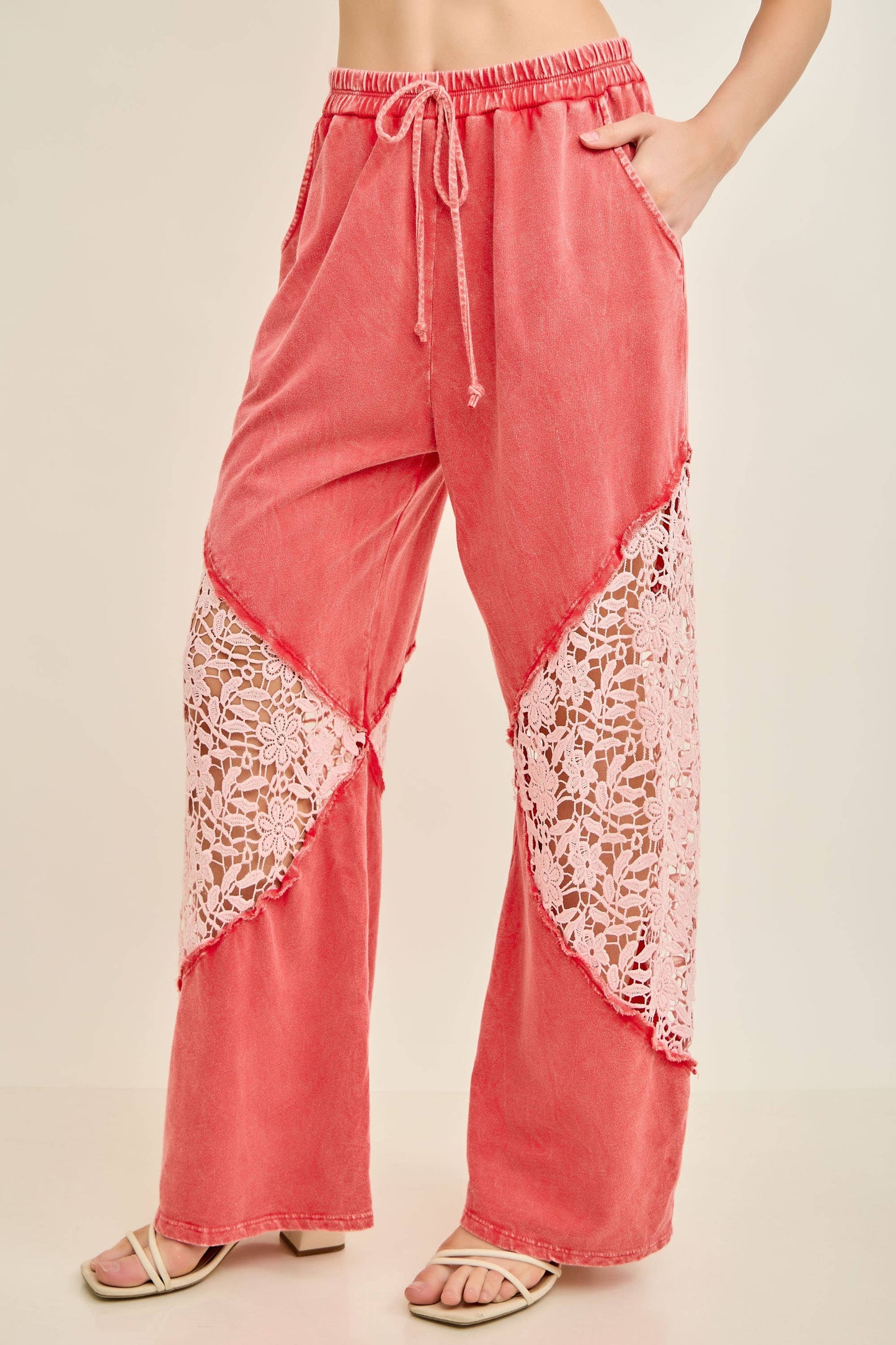 J. Her Mineral Washed Red Floral Lace Pants HP7046