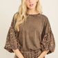 J her Mineral Washed Cheetah Puff Sleeve Fall Blouse brown