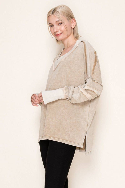 White Birch V-Neck Taupe mineral washed long sleeve