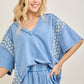 Mineral Washed Flower Daisy Trim Vneck Blouse top HT6747