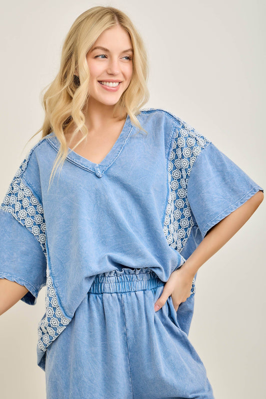 Mineral Washed Flower Daisy Trim Vneck Blouse top HT6747