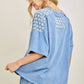 Mineral Washed Flower Daisy Trim Vneck Blouse top HT6747
