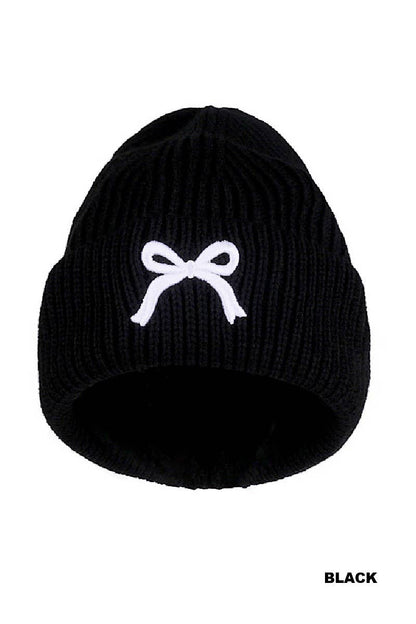 Black Bow Embroidered Cuff Beanie