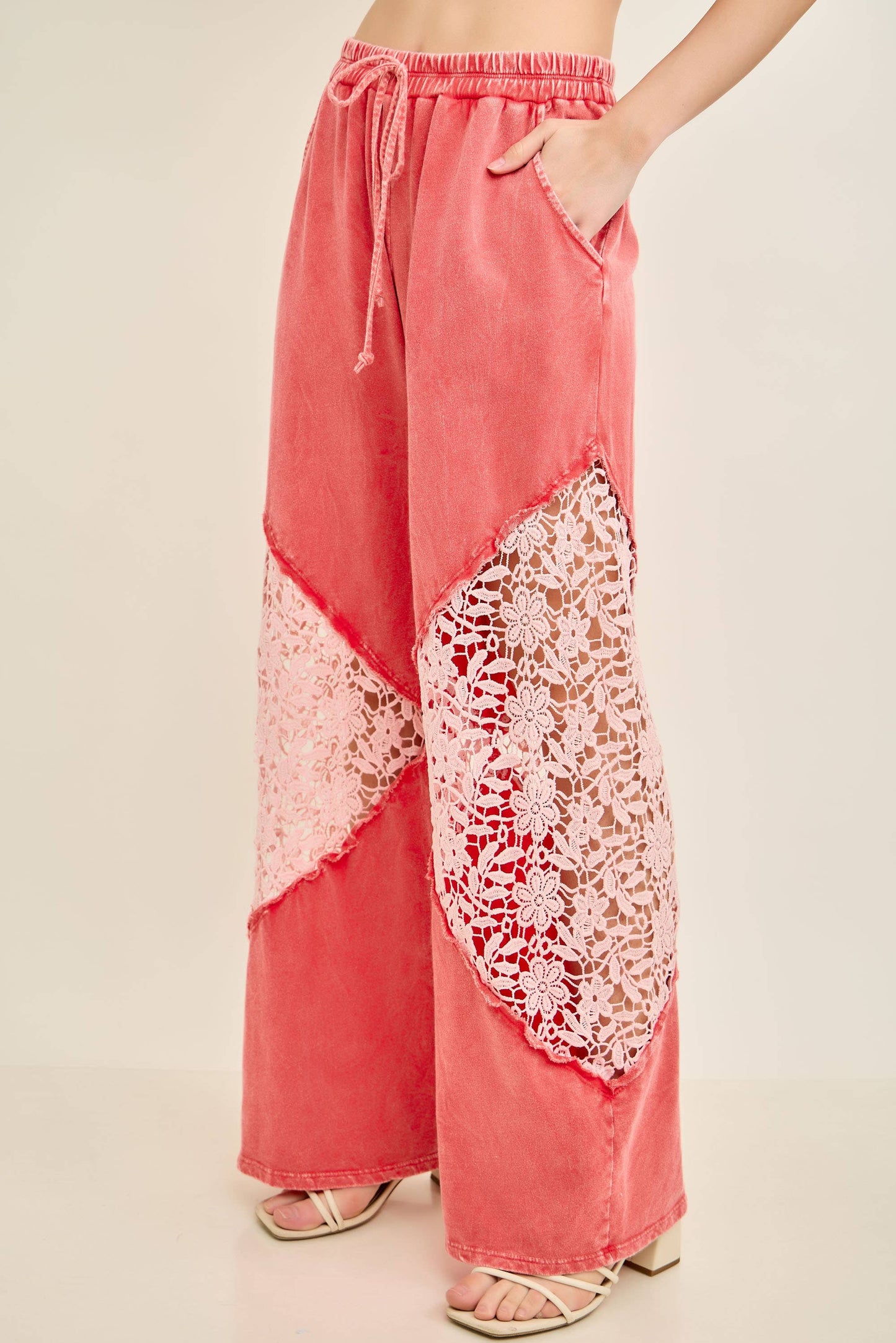 J. Her Mineral Washed Red Floral Lace Pants HP7046