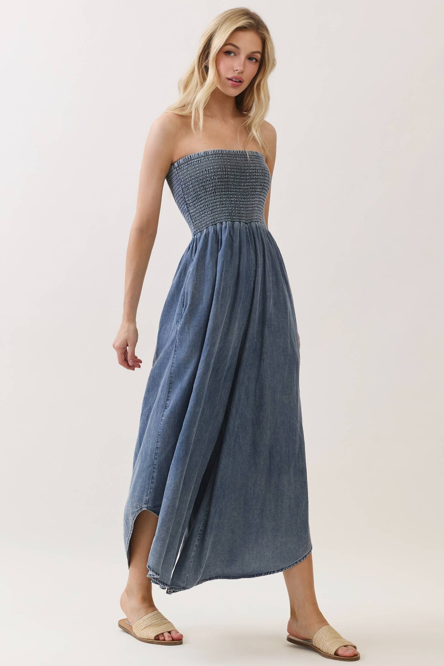 TENCEL SMOCKED ROUND HEM JUMPSUIT - VJU60429P