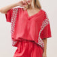 Mineral Washed Flower Daisy Trim Vneck Blouse top HT6747