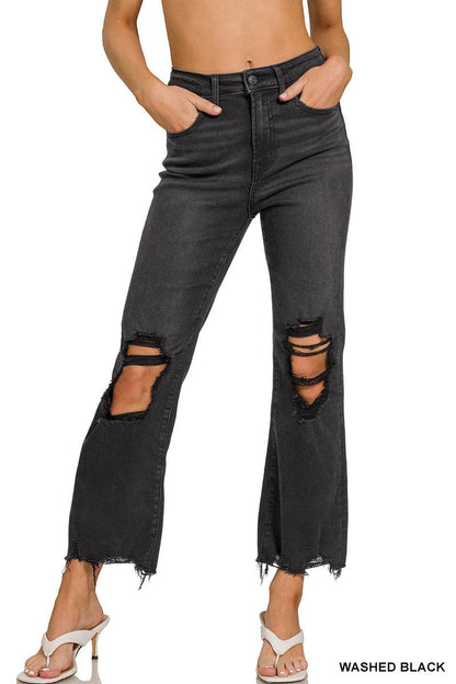 Zenana Black Washed Distressed Knee And Hem Pants