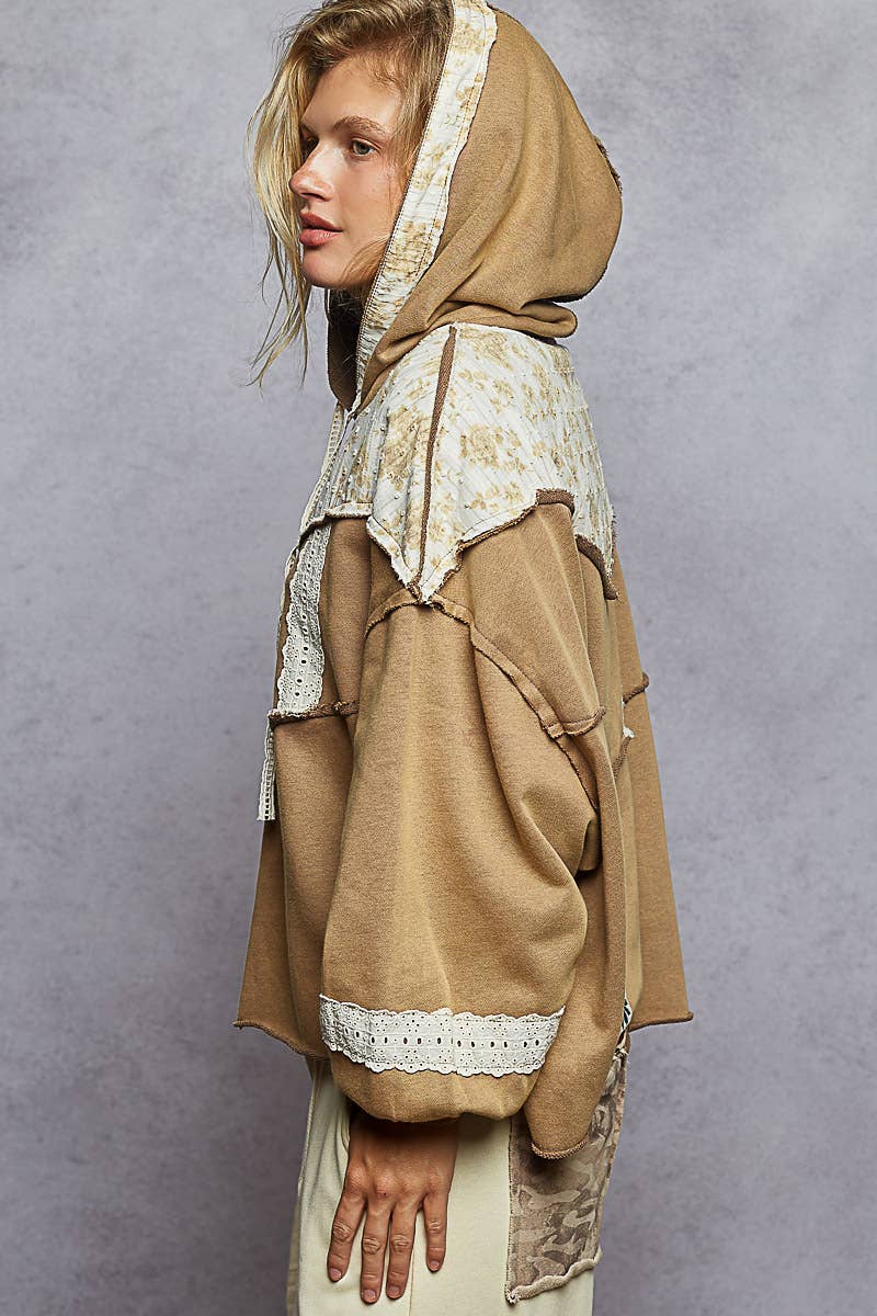 POL French floral terry gauze print patch trim hoodie