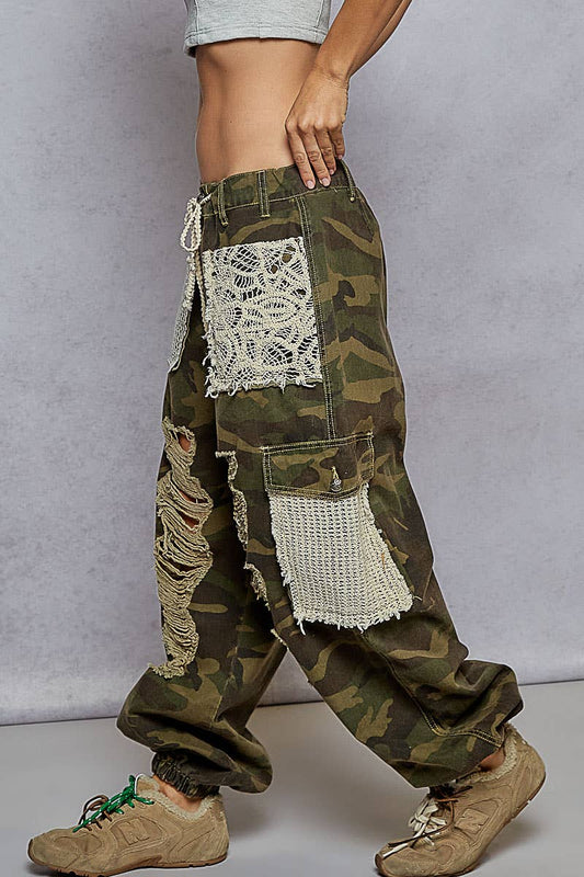 POL Camo Vintage Wash Crochet Patches Distress Jogger Pants