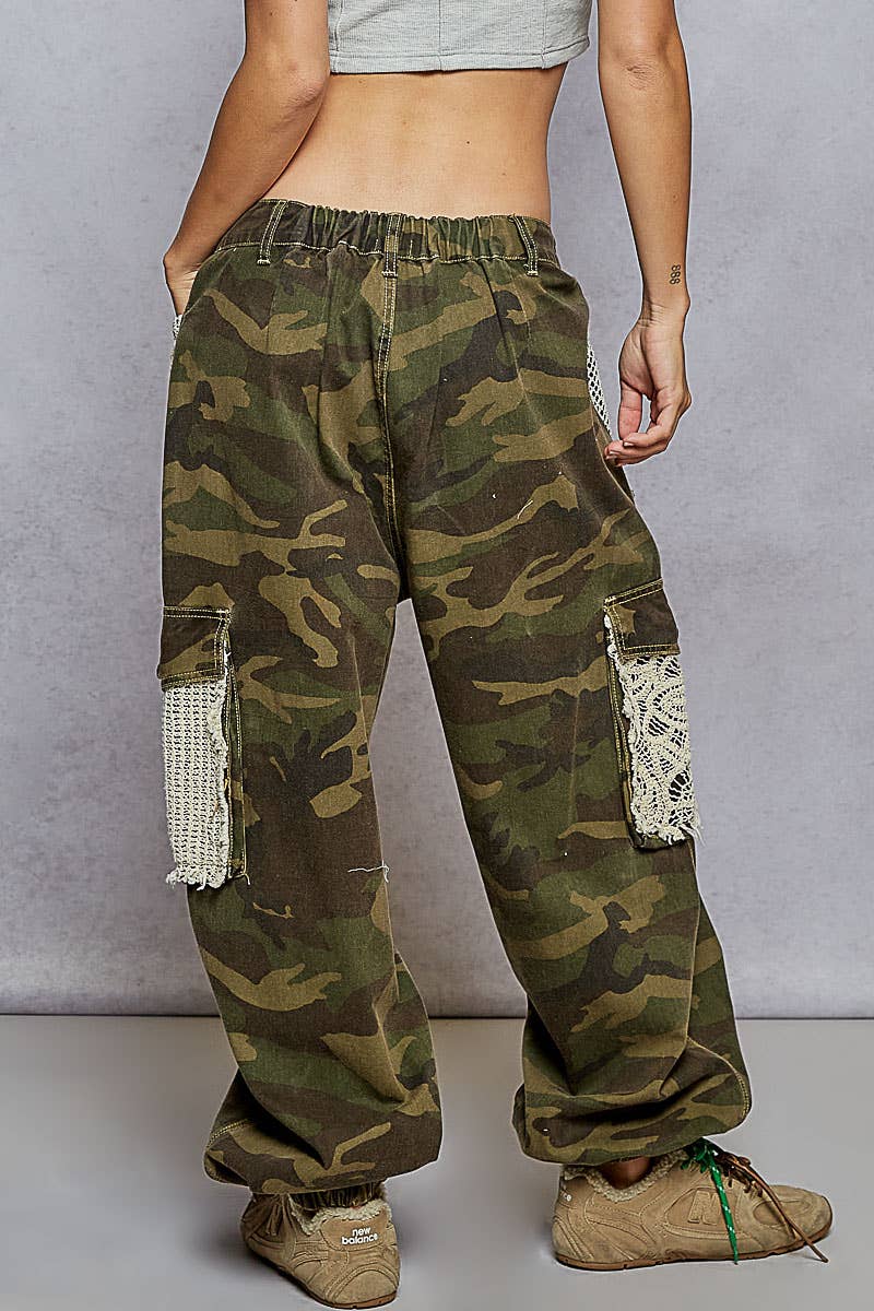 POL Camo Vintage Wash Crochet Patches Distress Jogger Pants