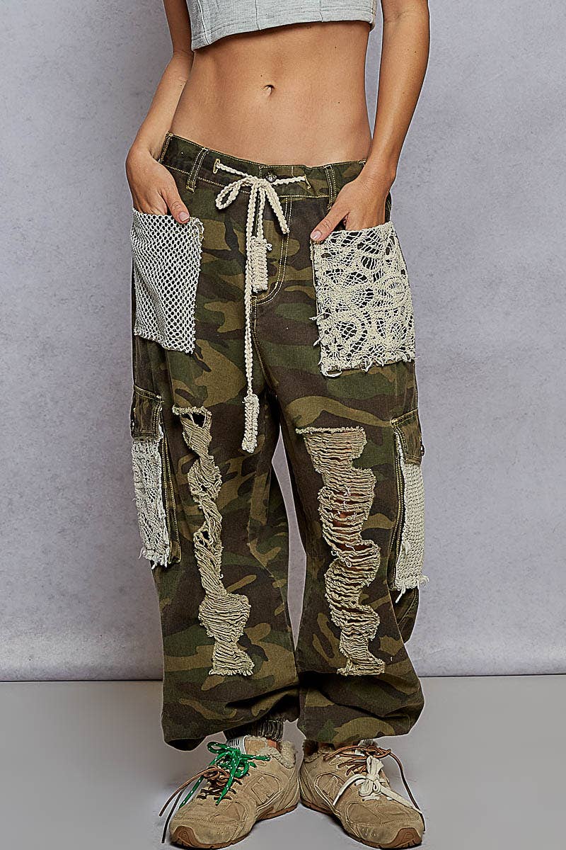 POL Camo Vintage Wash Crochet Patches Distress Jogger Pants