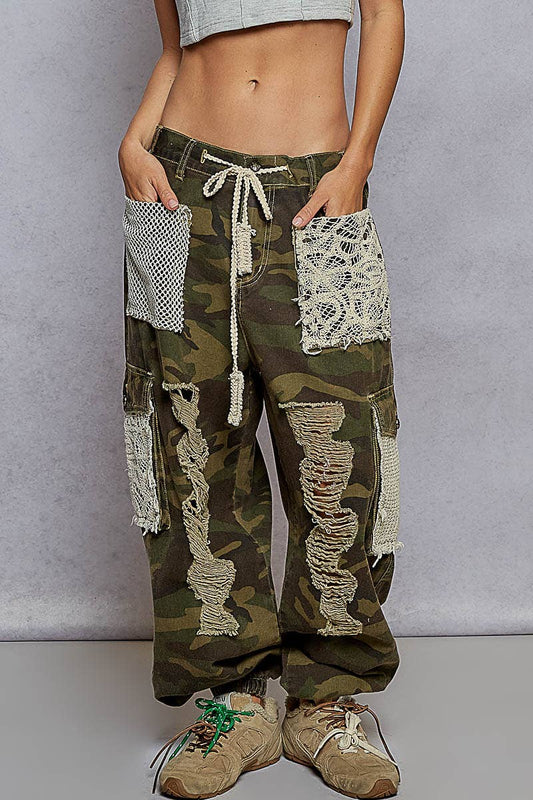 POL Camo Vintage Wash Crochet Patches Distress Jogger Pants