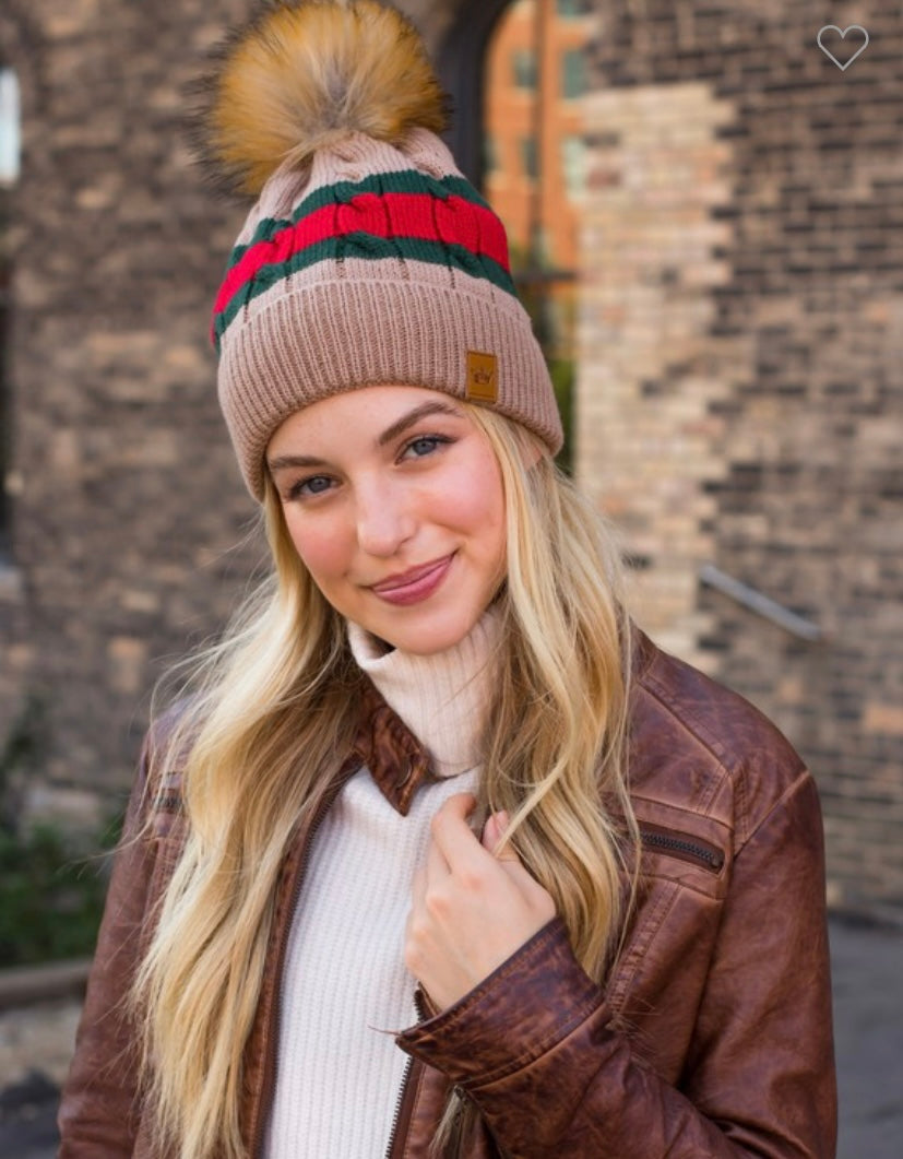 Tan Red &Green Stripe Beanie