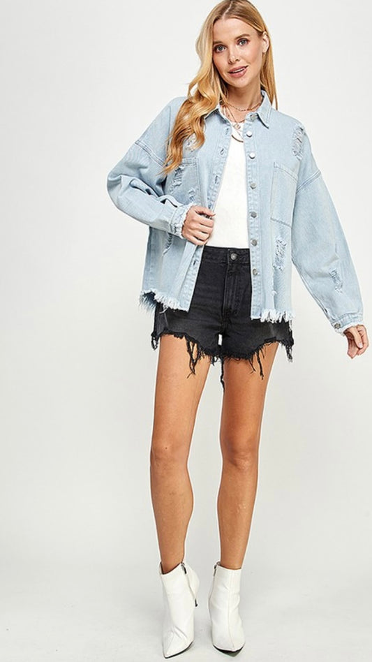 Distressed Light Denim Shacket