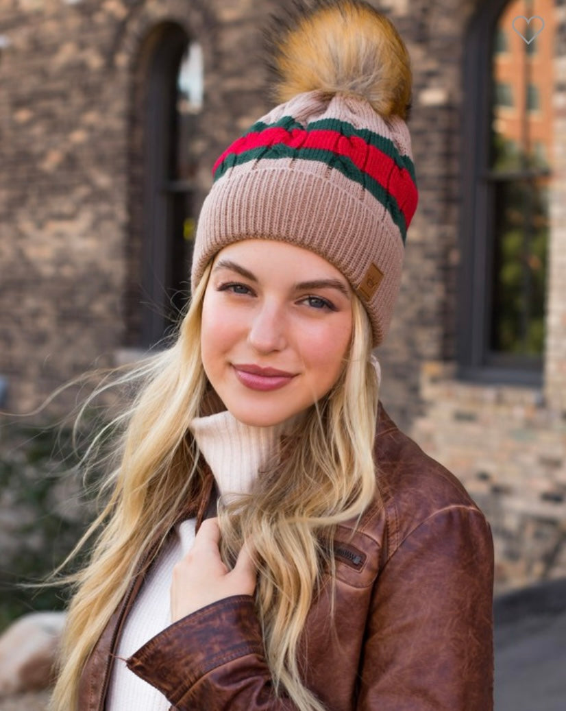 Tan Red &Green Stripe Beanie