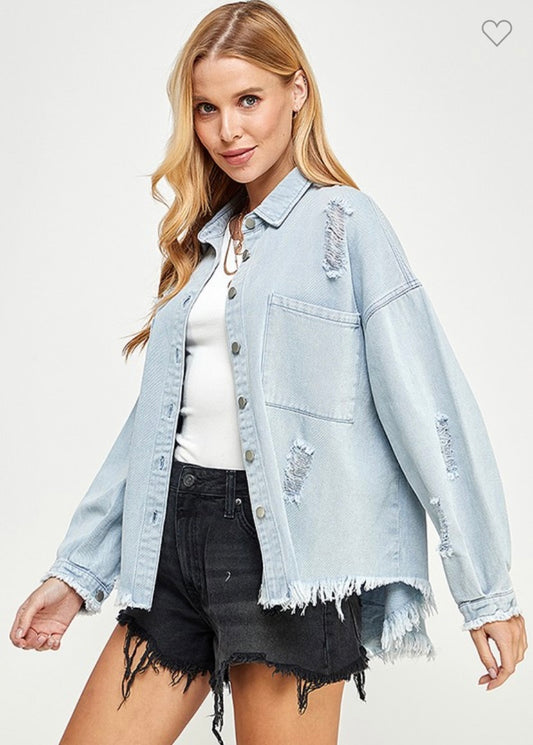 Distressed Light Denim Shacket